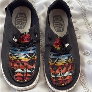 Hey Dude Black Slip-On Shoes with Multicolor Pattern